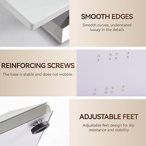 Miniatura 7 de Mesa auxiliar moderna de 50.4 pulgadas, mesa central de mármol sintético blanco con base de acero inoxidable en forma de U plateada, mesa de cóctel