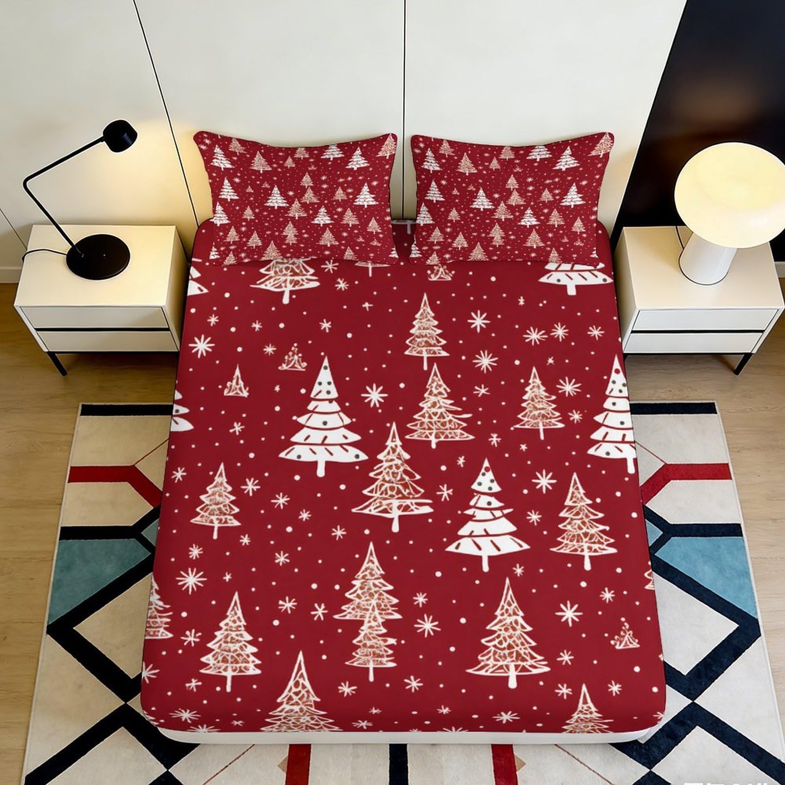 3D Printed Christmas Tree Fitted Sheet Microfiber Red Snowflake Bed Cover Non Slip Machine Washable for Bedroom Guestroom 90x200x25cm