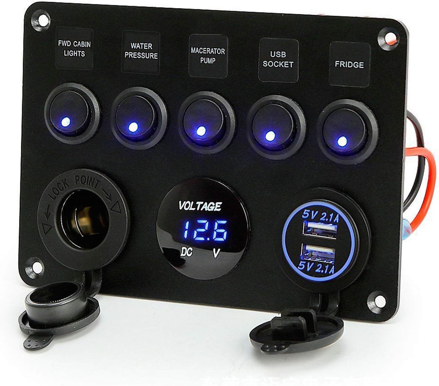 5 Gang ON-Off Marine Ignition Toggle Rocker Switch Panel Waterproof with Digital Voltmeter 4.2A Dual USB Socket for RV Car Boat Vehicles Truck Trailer Yacht (Blue)