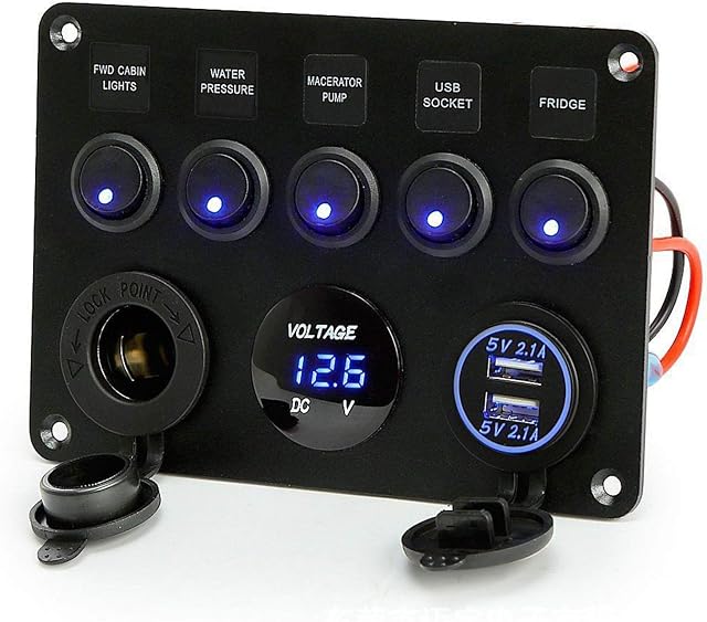 5 Gang ON-Off Marine Ignition Toggle Rocker Switch Panel Waterproof with Digital Voltmeter 4.2A Dual USB Socket for RV Car Boat Vehicles Truck Trailer Yacht (Blue)
