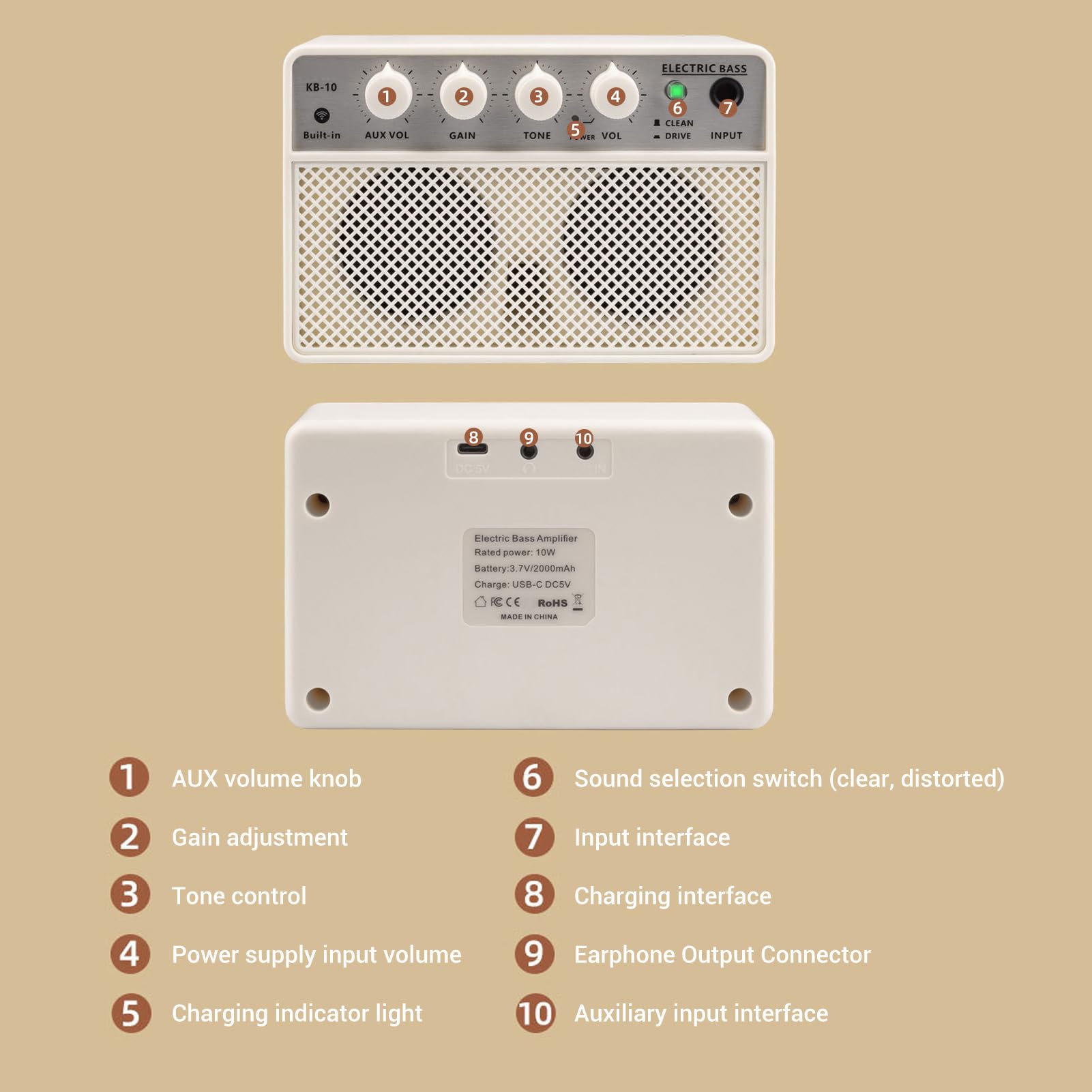 Mini Bass AMP 10W Amplificatore di Basso Elettrico Ricaricabile Portatile, Amplificatore di Pratica Elegante con Doppio Canale, Toni di Basso Profondo Wireless Bt aux Ingresso,