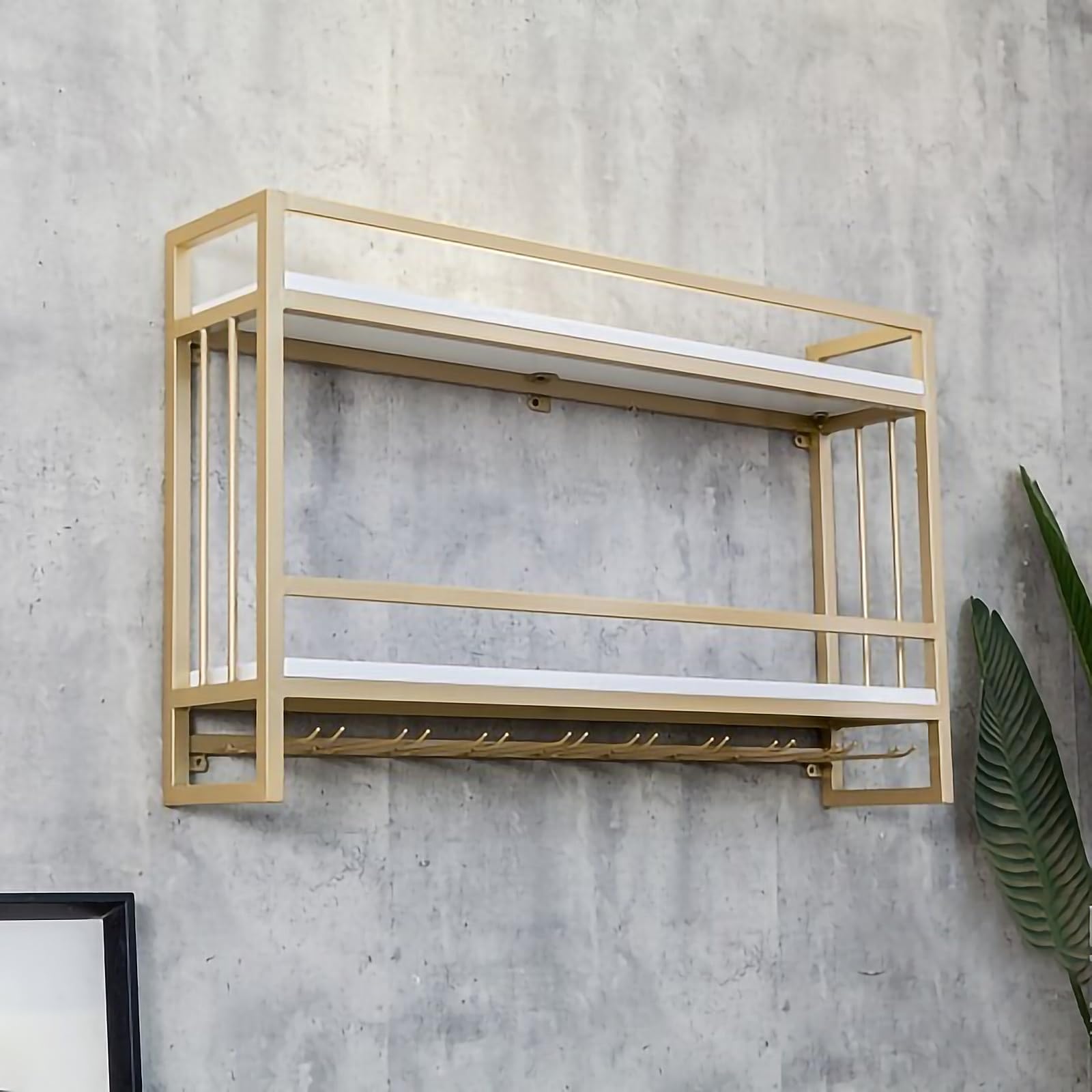 Estante de vino rústico industrial montado en la pared con soporte, estantes flotantes de 2 niveles, estante de exhibición de botellas de vino de madera con barandilla, perfecto para decoración del
