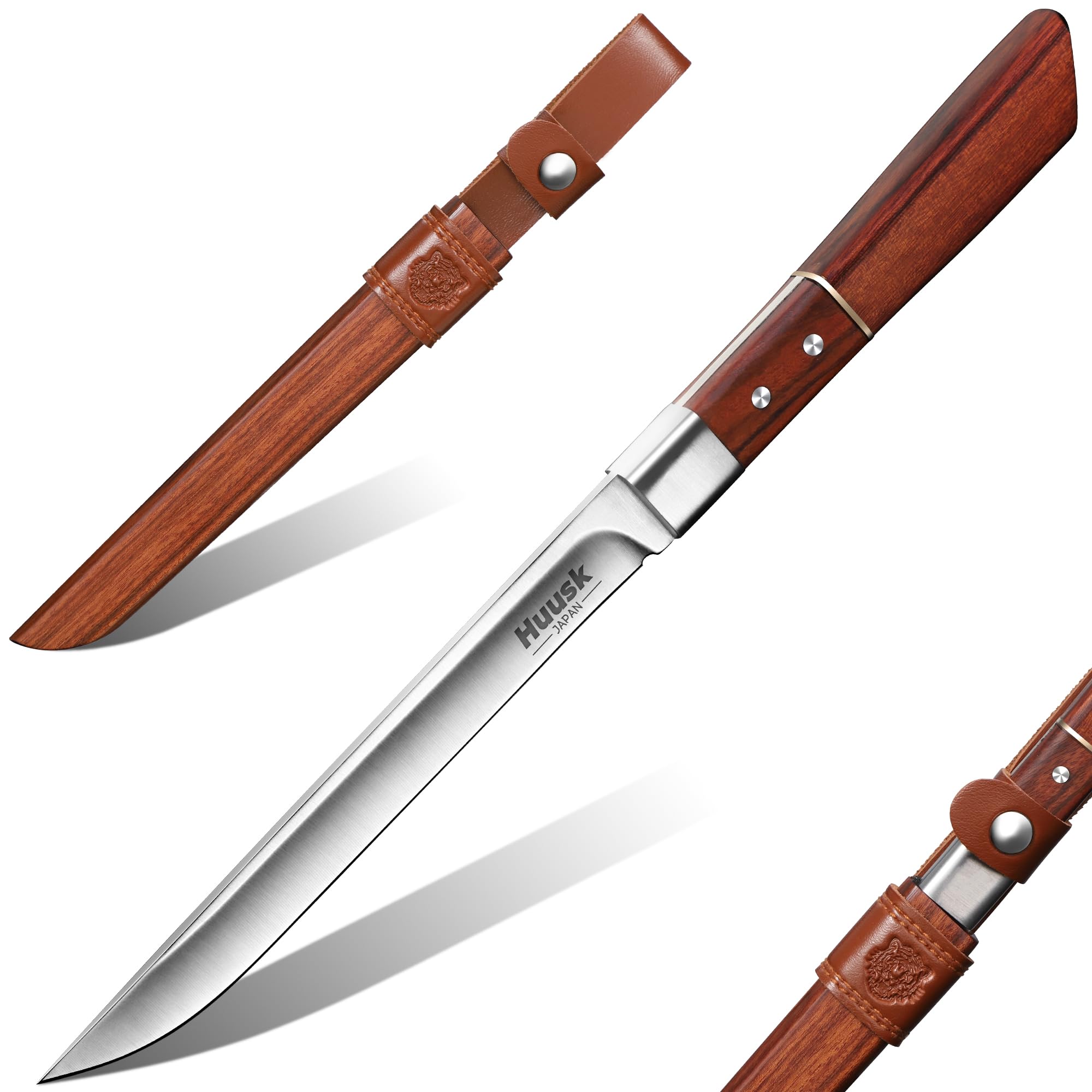 Huusk Fixed Blade Bushcraft Knife Hunting Knives with Wooden Sheath Full Tang Camping Knife Sharp Survival Knives for Men for Hiking Fishing Outdoor Adventure