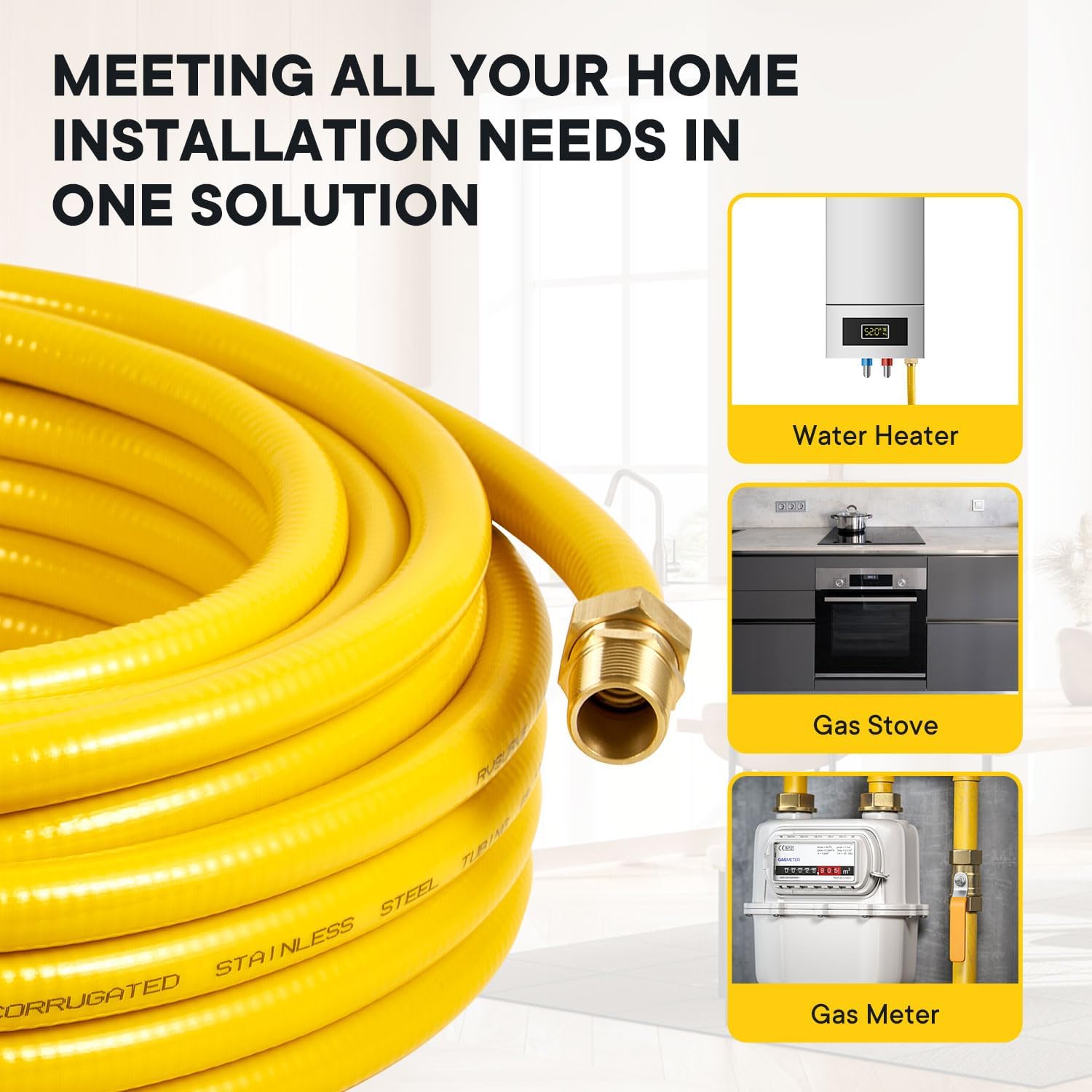 CSST Gas Line, 70 Ft 1/2" Natural Gas Line Flexible, 1/2 Inch Corrugated Stainless Steel Tubing, Propane Hose Conversion Kit Grill Hose with 2 Male Adapter Fittings