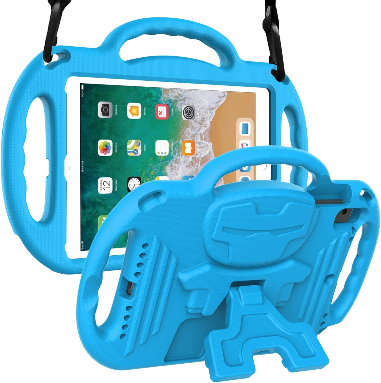 LTROP Kids Case for iPad 5th/6th Generation (9.7 Inch, 2017/2018), Air 1 & Air 2 & Pro 9.7" Case with Shoulder Strap Handle Stand, Blue