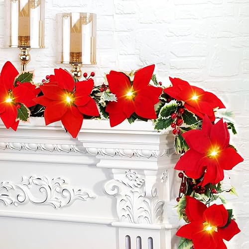 2 guirnaldas de Navidad decorativas 7.5 pies de flores de Pascua artificiales iluminadas con temporizador, guirnalda de Navidad para decoración de
