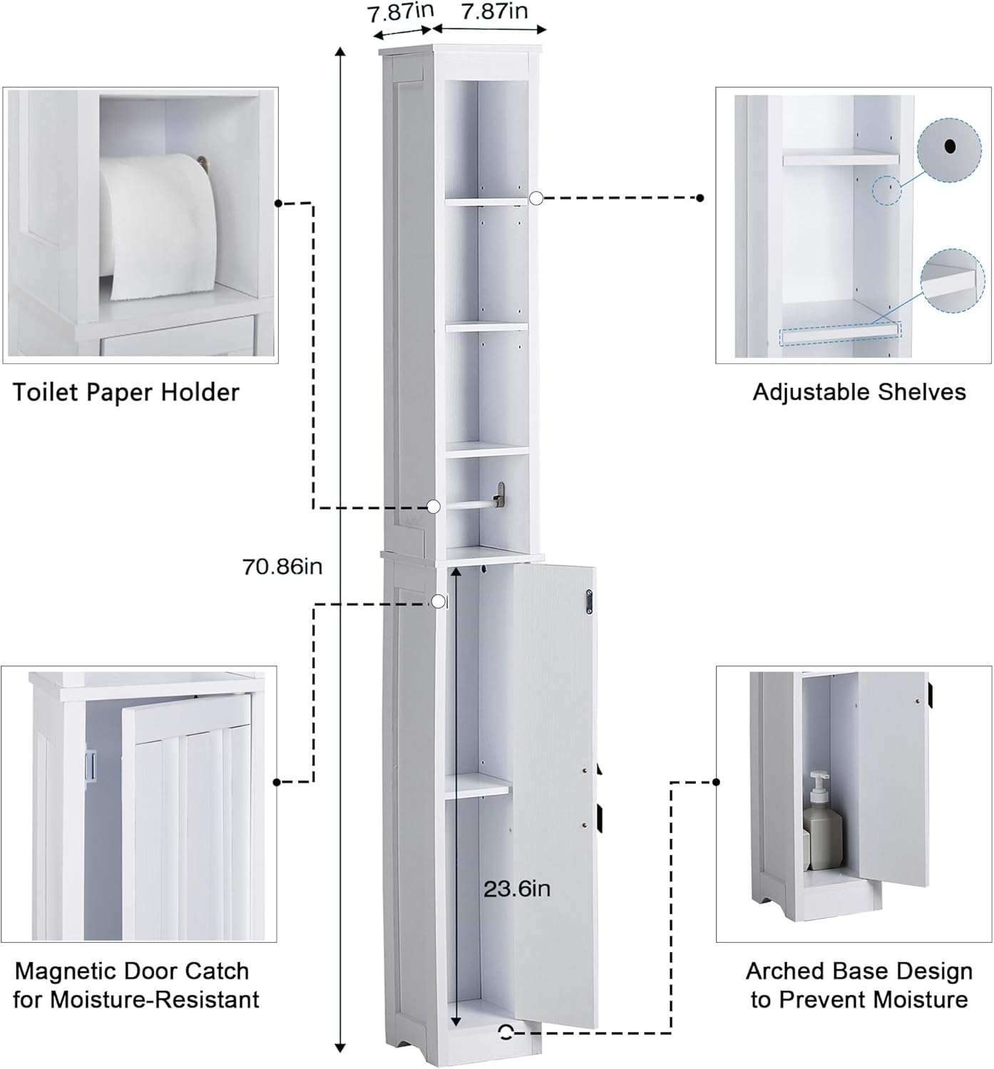 VECELO Storage Cabinet, 71" Tall Narrow Bathroom Cabinet with Adjustable Shelves, Toilet Paper Holder, Magnetic Door, for Small Spaces, Pearl White