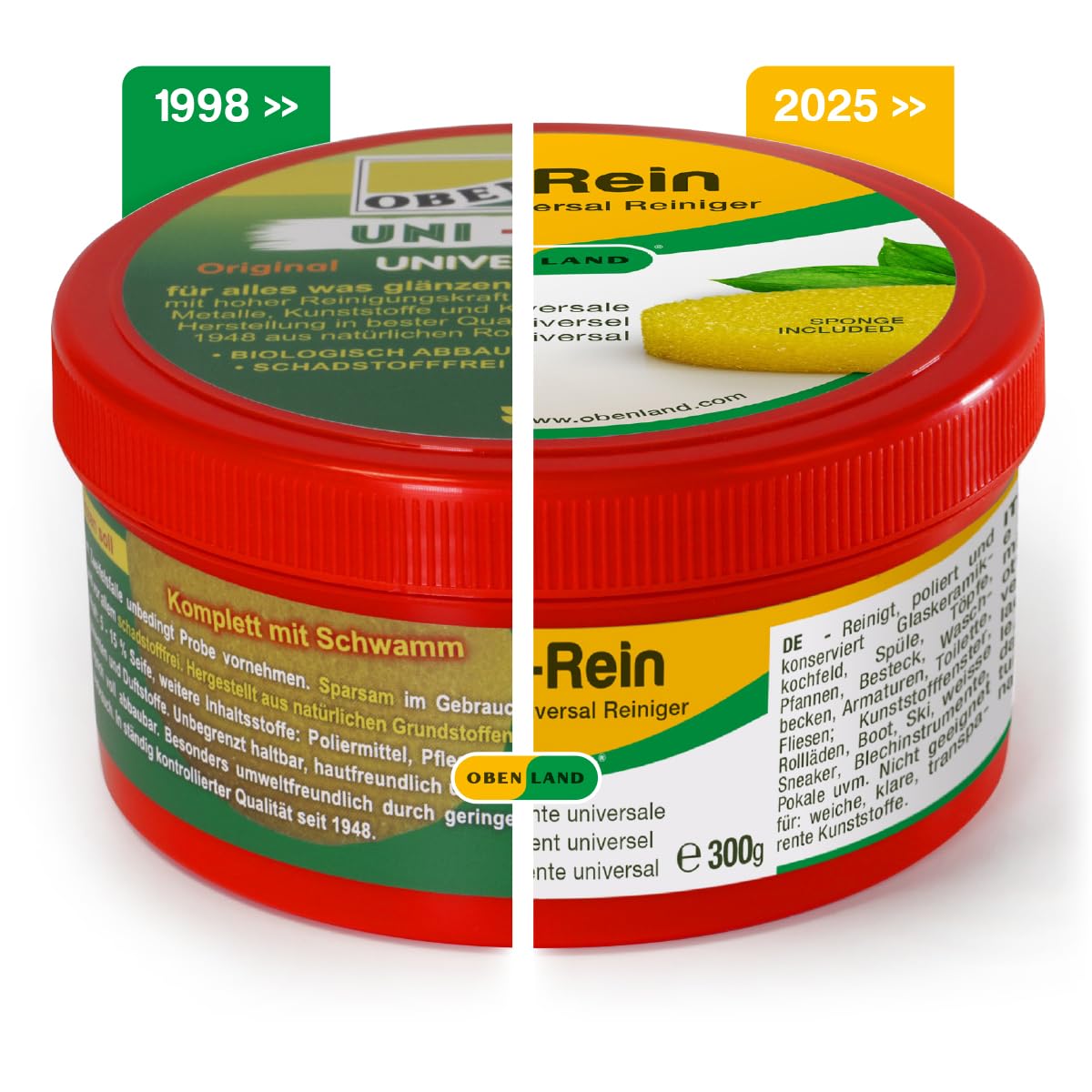 Obenland Uni-Rein öko Putzstein mit Schwämmen Vielseitiger Universalreiniger für, Küche, Bad, WC, Armaturen Fenster, Sneaker, Ceranfeld, 3x300 g