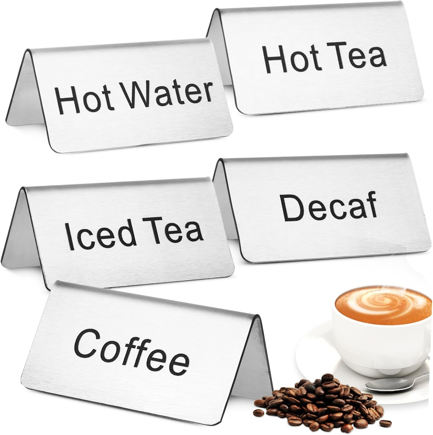 BESTOYARD 5pcs Stainless Steel Beverage Display Signs Coffee and Tea Table Tent Signs Food Labels for Parties and Buffets Decaf and Hot Tea for Restaurants and Coffee Stations