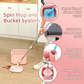 KZKR Square Spin Mop and Bucket Set with Self Separation Dirty and Clean Water System, Self Wringing 360 Rotating Mops Head with 14 Replaceable Microfiber Pads for Home Floors Cleaning