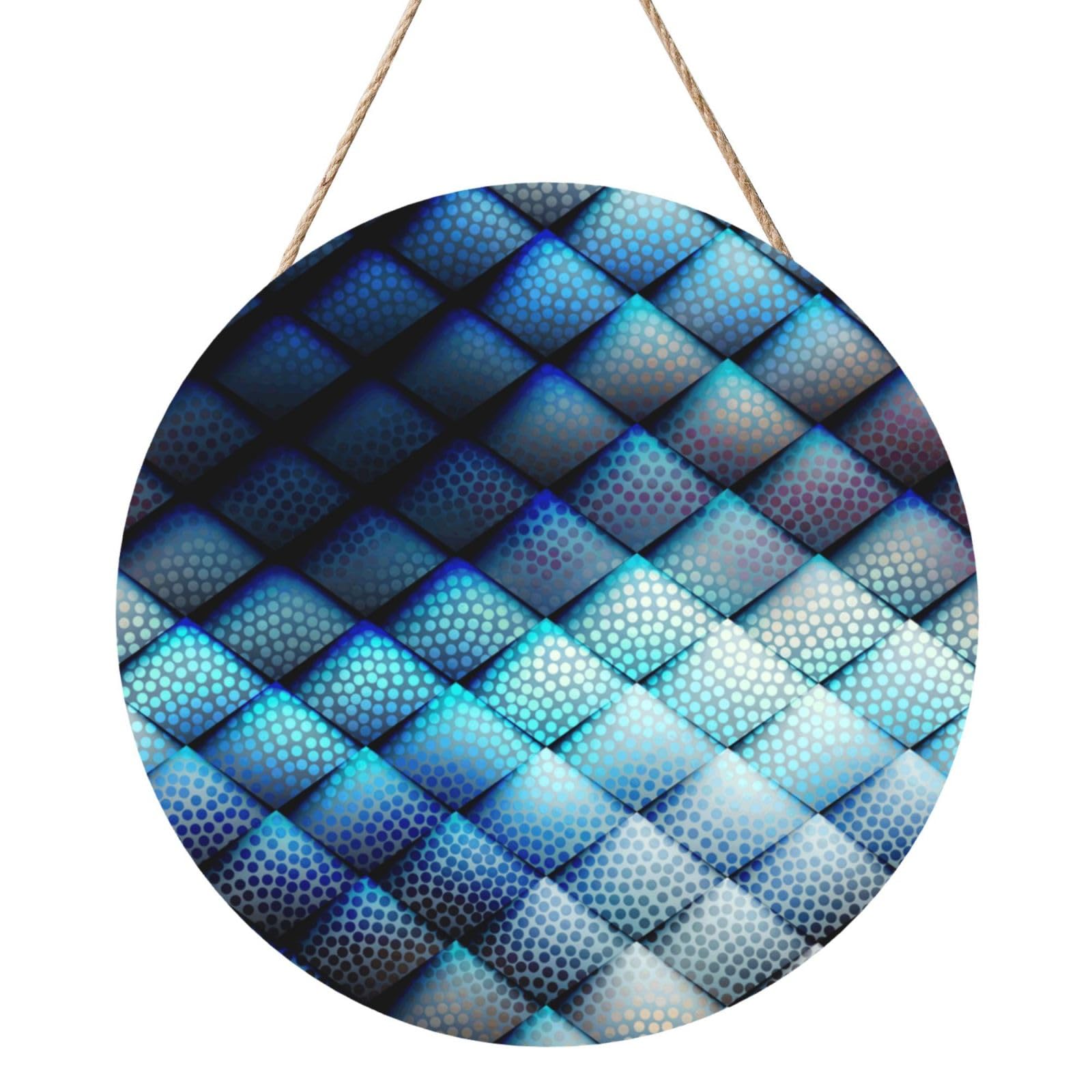 InOmak Navy Blue Geometric Pattern, Round Wood Panel Painting 12 in, Wall Hanging Painting For Home