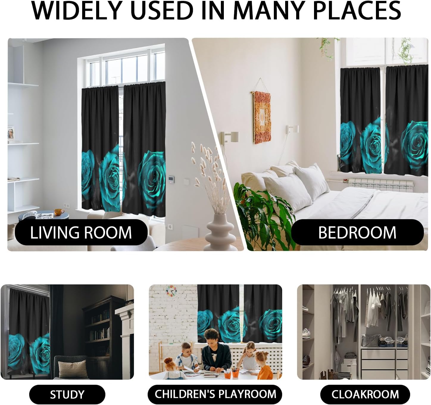 zokyer Teal Floral Window Curtains Turquoise Aqua Black Flowers Rose Women Romantic Gothic Goth Dark Grey Cute 42" W x 63" L for Living Room Bedroom Bathroom Set of 2 Panels Rod Pocket Drapes