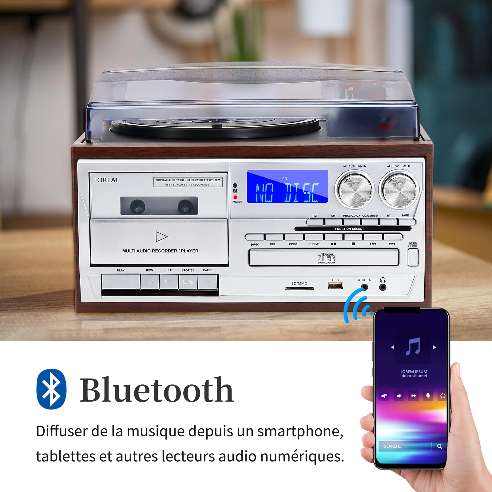 9-in-1 Platine Vinyle 3 Vitesses Bluetooth avec Prise Audio 3,5 mm, Vinyle Phono avec Haut-parleurs stéréo intégrés/Piles, CD/Cassette, Radio AM/FM, USB/SD, Marron
