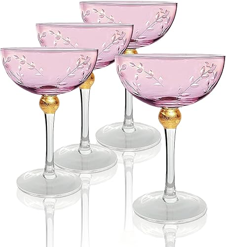 Miniatura 10 de Copas de cóctel Art Deco Coupé, juego de 4, copas de 8 onzas para champán, martini, manhattan, sidecar, cristalería de cristal rosa vintage con
