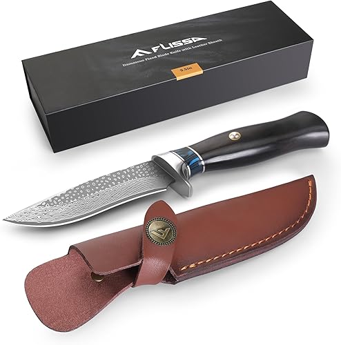 FLISSA Cuchillo de caza de Damasco, cuchillo de hoja fija de 9.5 pulgadas con funda de cuero, cuchillo de supervivencia con mango de sándalo negro