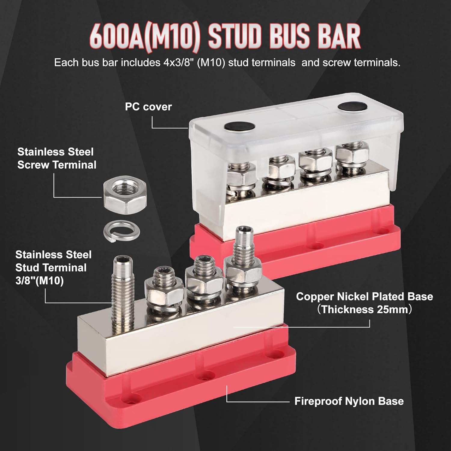 600A Bus Bar Power Distribution Block 12-48V Terminal Block 4x3/8(M10) Studs Marine Battery Bus Bar with Waterproof Cover Quick Mount for Automotive Car Boat Solar System (Red)