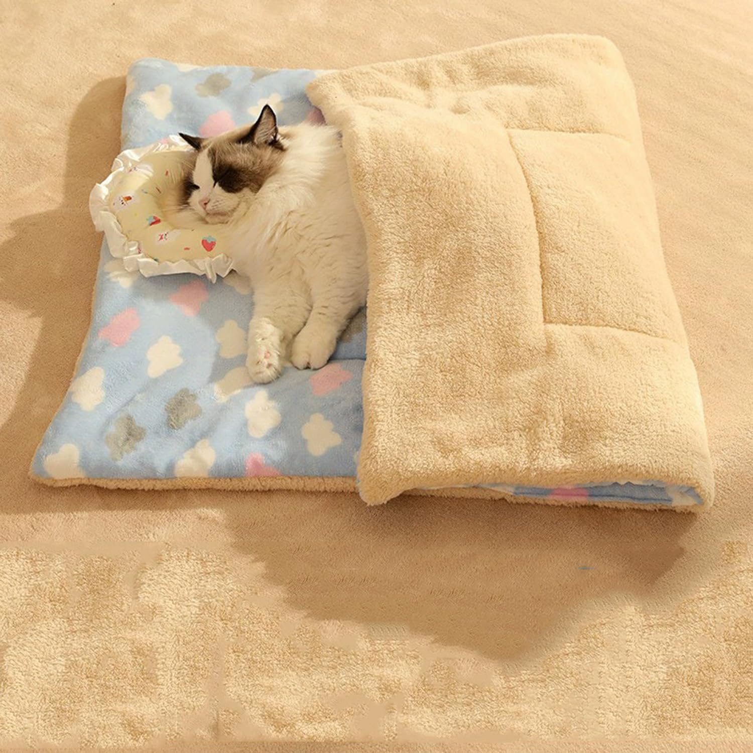 Pongpai Warming Pet Pad Cat Sleeping Blanket, Self-warmin Fluffy Kittens Mat, Puppy Cushion Blanket Fleece Dog Crate Pads for Indoor Outdoor (XXL-105x70cm,Blue-cloud)