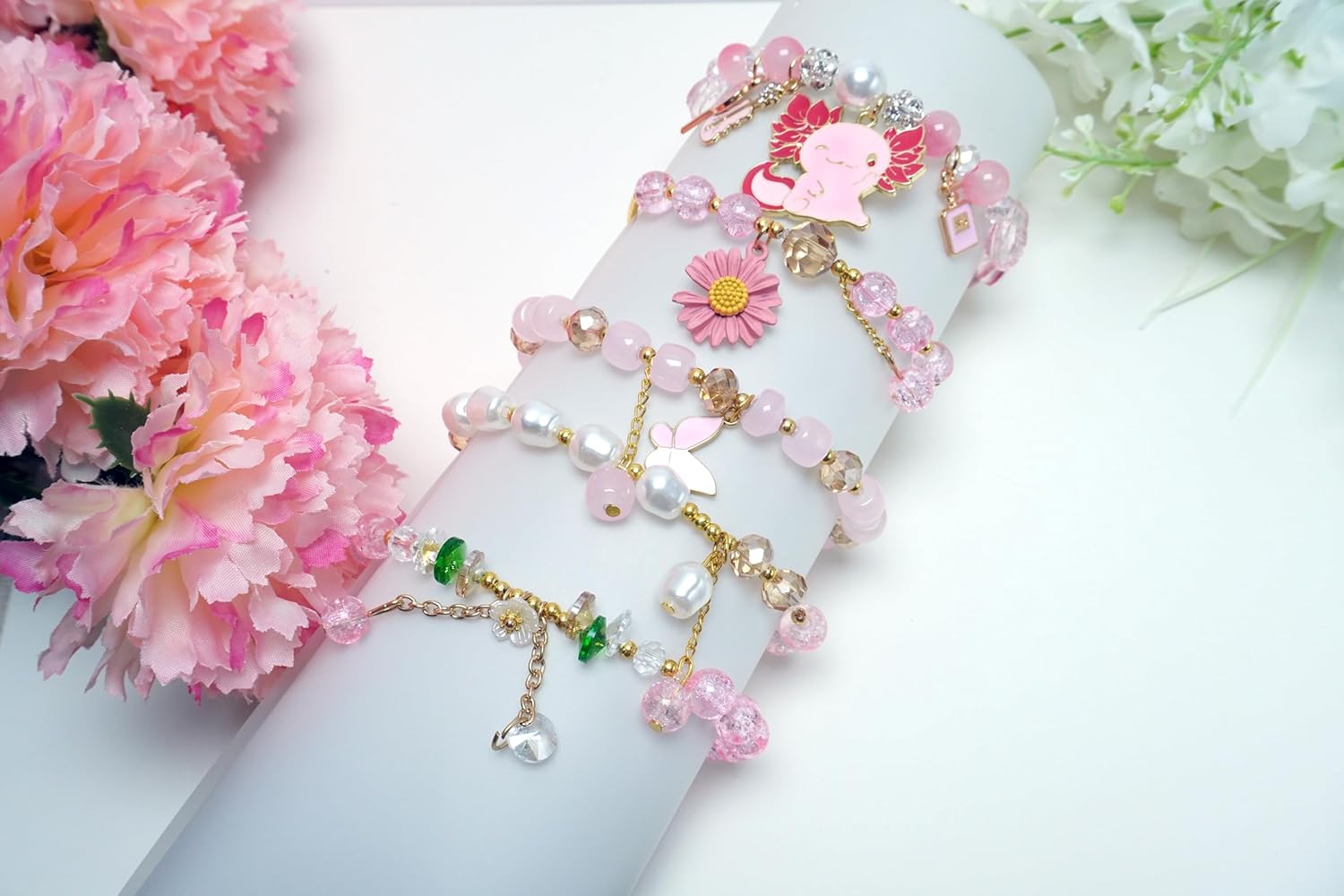 5PCS Beaded Charm Bracelets for Girls Axolotl Dainty Kawaii Crystal Beads Bracelets Set for Teens Girls Adjustable Stretch Bracelet Birthday Graduation Gift For Daughter Niece Granddaughter - Image 2