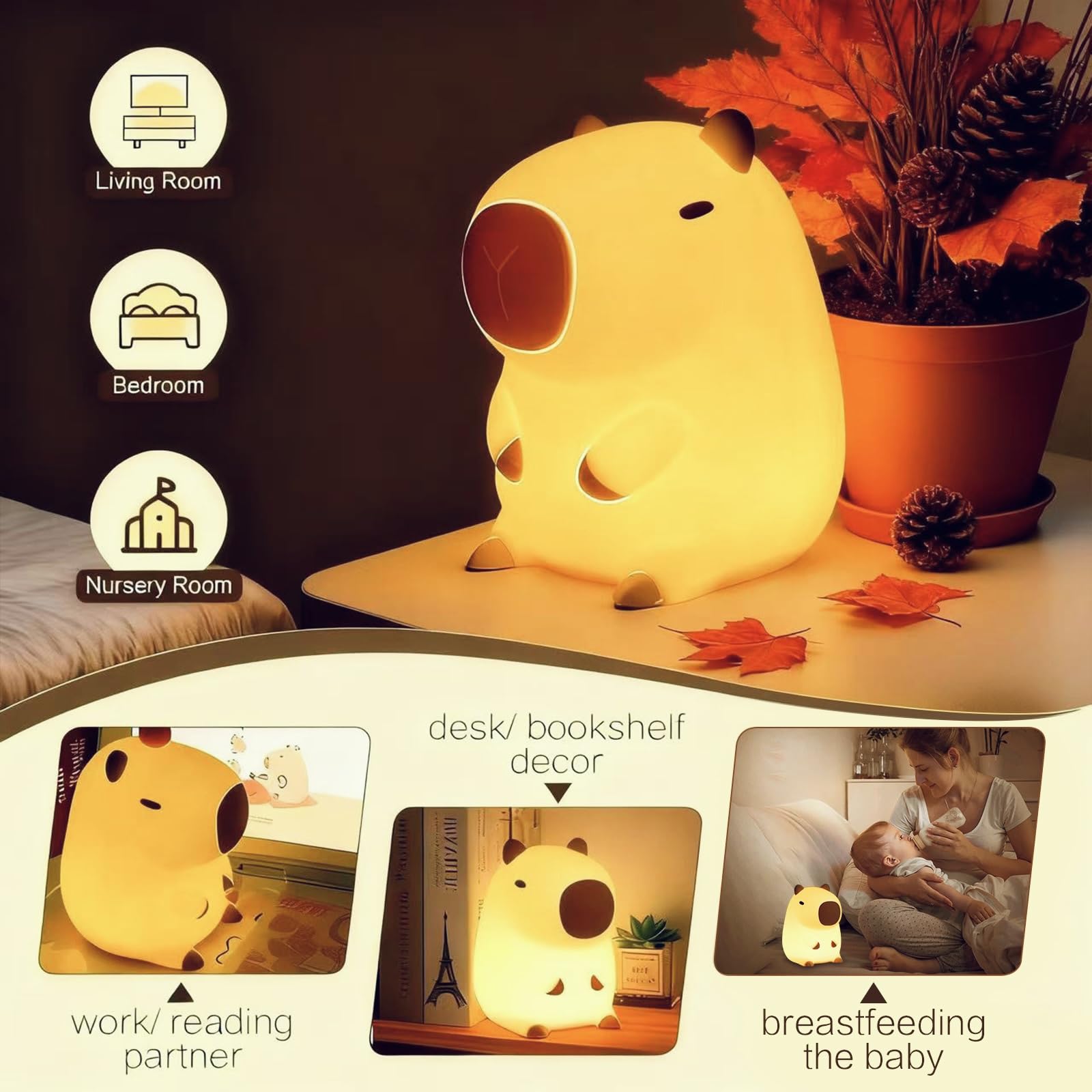 YR YRHH-PET Capybara Süßes Nachtlicht, Squishy Capybara Lampe Neuheit Geschenke Spielzeug, Wiederaufladbares dimmbares Silikon-LED-Nachtlicht für Kinder, lustiges beleuchtetes Capibara