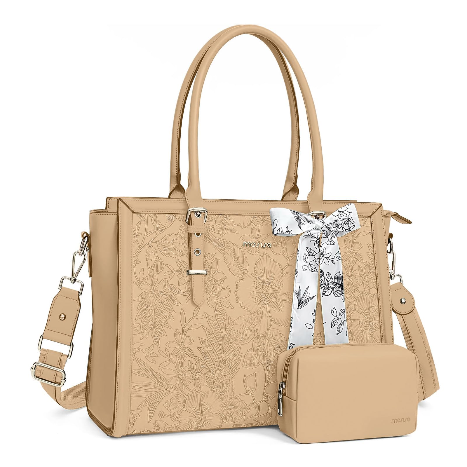 MOSISO Laptop Bag for Women, PU Leather Tote Bag, Front Embossed Retro Hibiscus Computer Bags with Silk Scarf&Clutch Purse