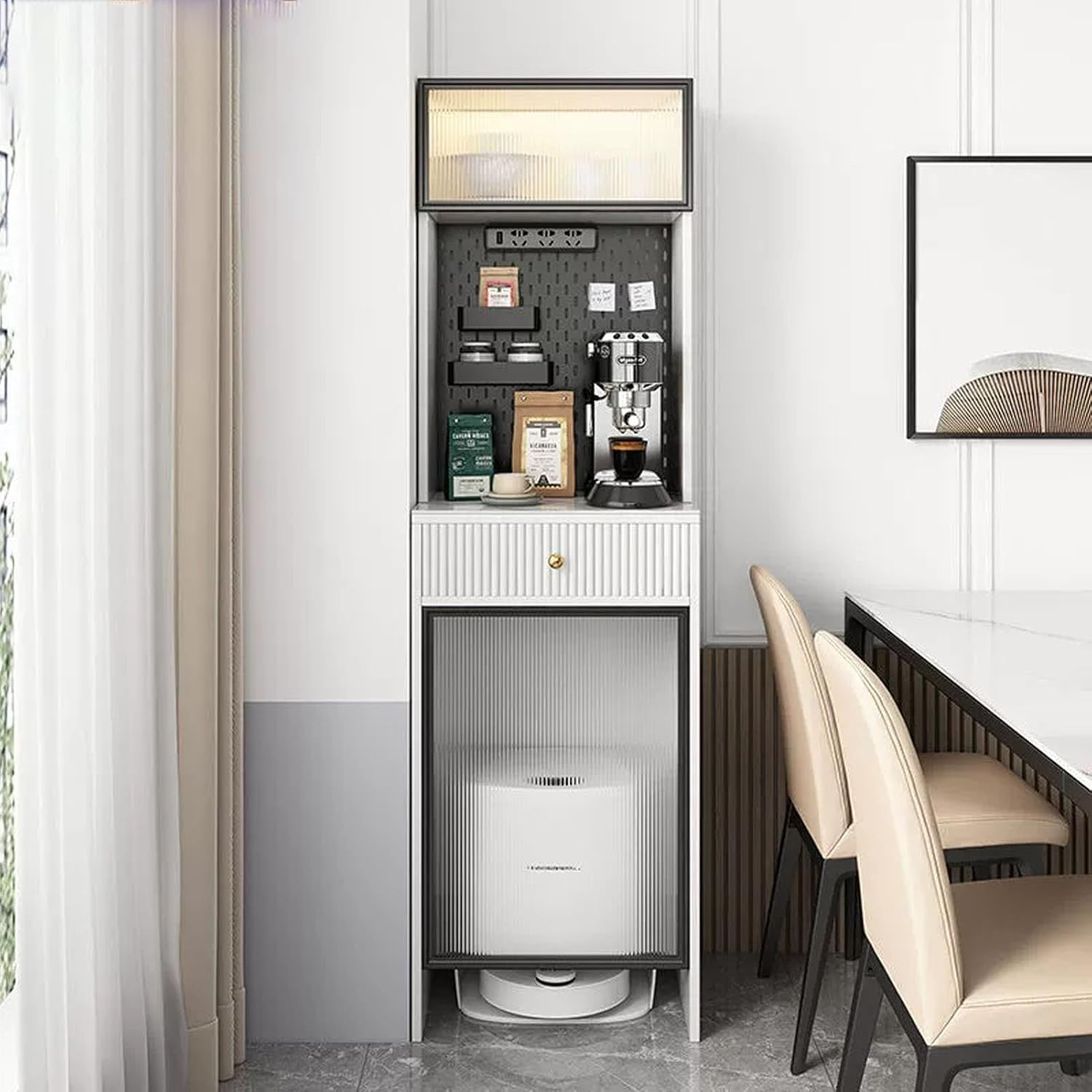 JKGHK Sweeping Robot Stand Rack, Robot Vacuum Stand Cabinet with Flip-up Glass Door, Pegboard Vacuum Hidden Cabinet for Sweeping, Floor-Standing Storage End Table(White)