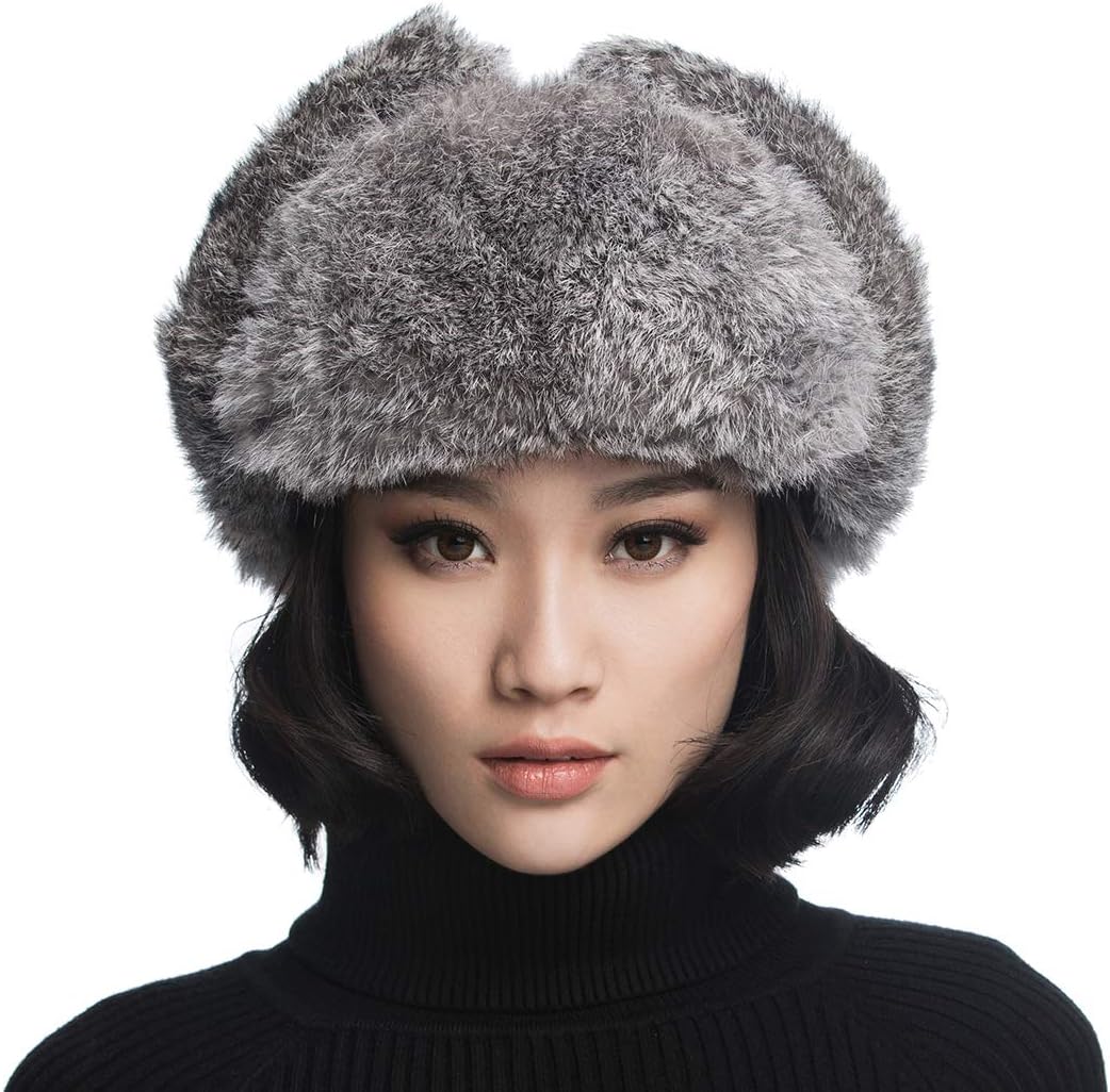 URSFUR Unisex Winter Trooper Hat Real Rabbit Russian Aviator Ushanka Trapper Mask