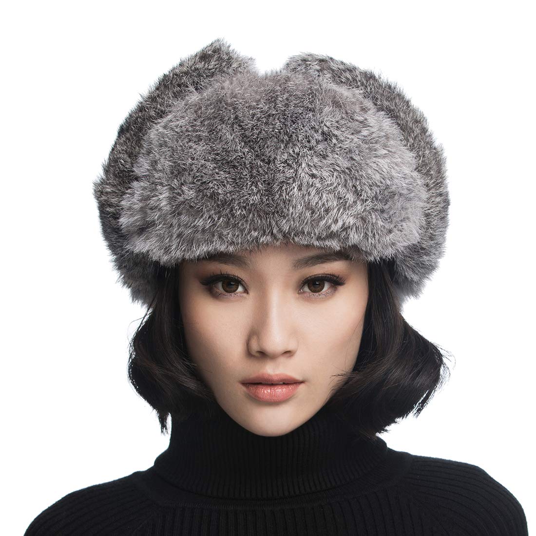 URSFUR Unisex Winter Trooper Hat Real Rabbit Russian Aviator Ushanka Trapper Mask Black