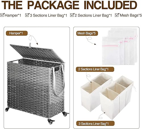 Miniatura 7 de GREENSTELL Cesta para ropa sucia con ruedas y tapa, 130 L, cesta grande de 3 secciones con 2 tipos de bolsas de forro extraíbles, 5 bolsas de malla