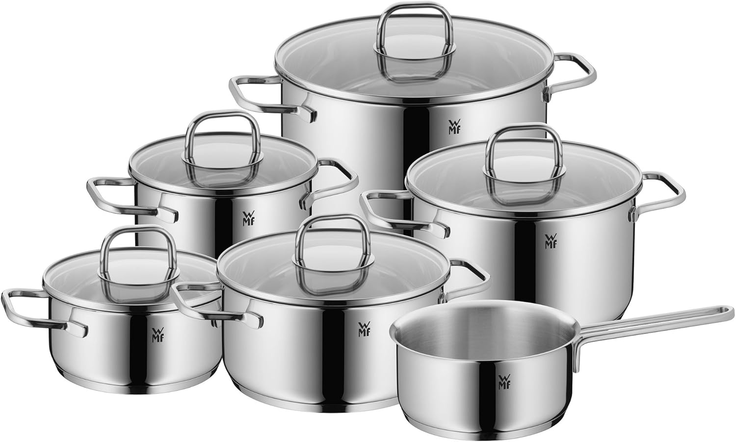 WMF Pot Set 6-Piece Inspiration Pouring Rim Glass Lid Cromargan® Stainless Steel Polished Suitable for Induction Hobs Dishwasher-Safe