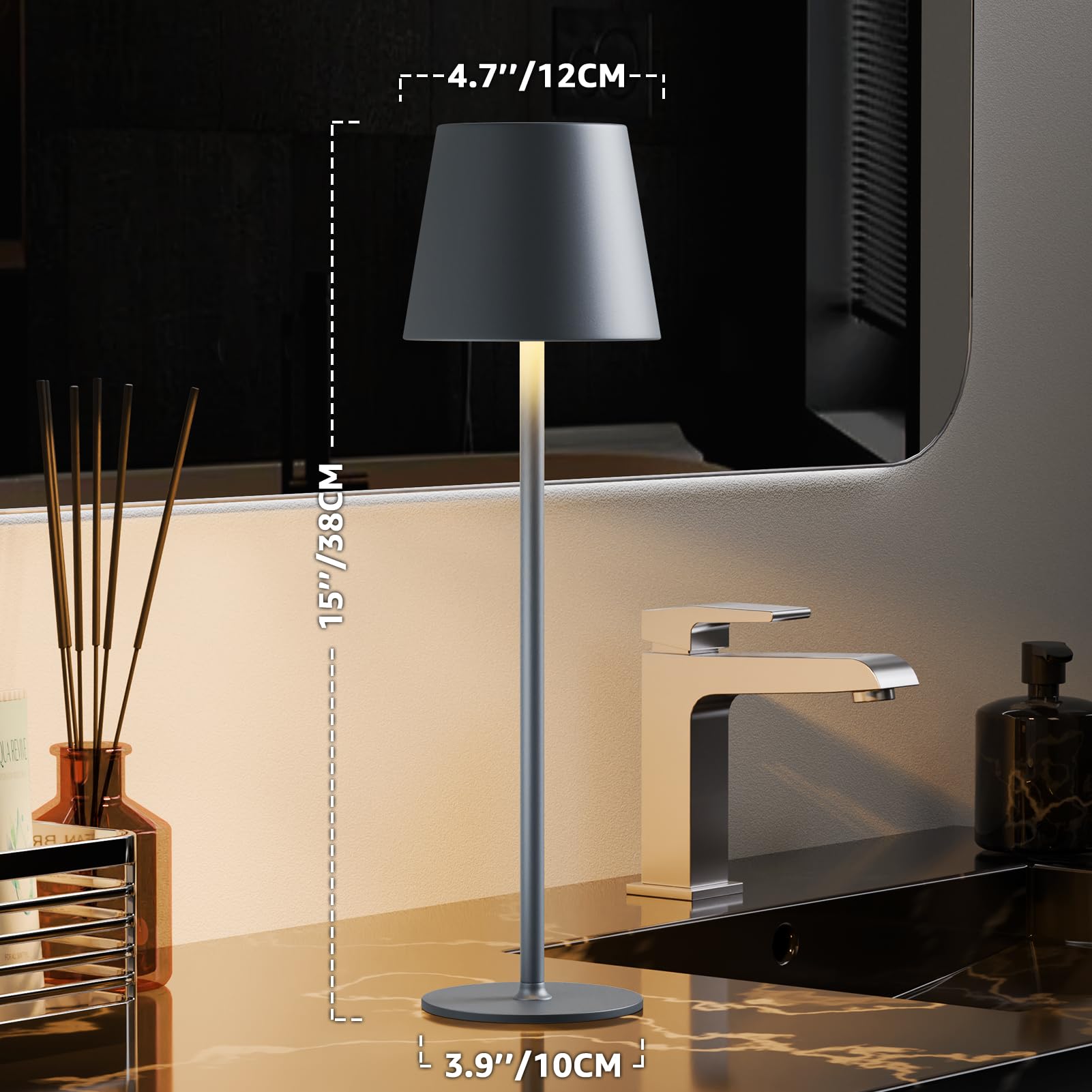 MALUX LED Tischlampe Kabellos 2 Stück Touch Dimmbare 2700K-4000K Metall IP44 Wasserdicht, USB-C Aufladung, 8-15h Akkulaufzeit Tischleuchte für Garten Esstisch Schlafzimmer Balkon Hotel (Grau)