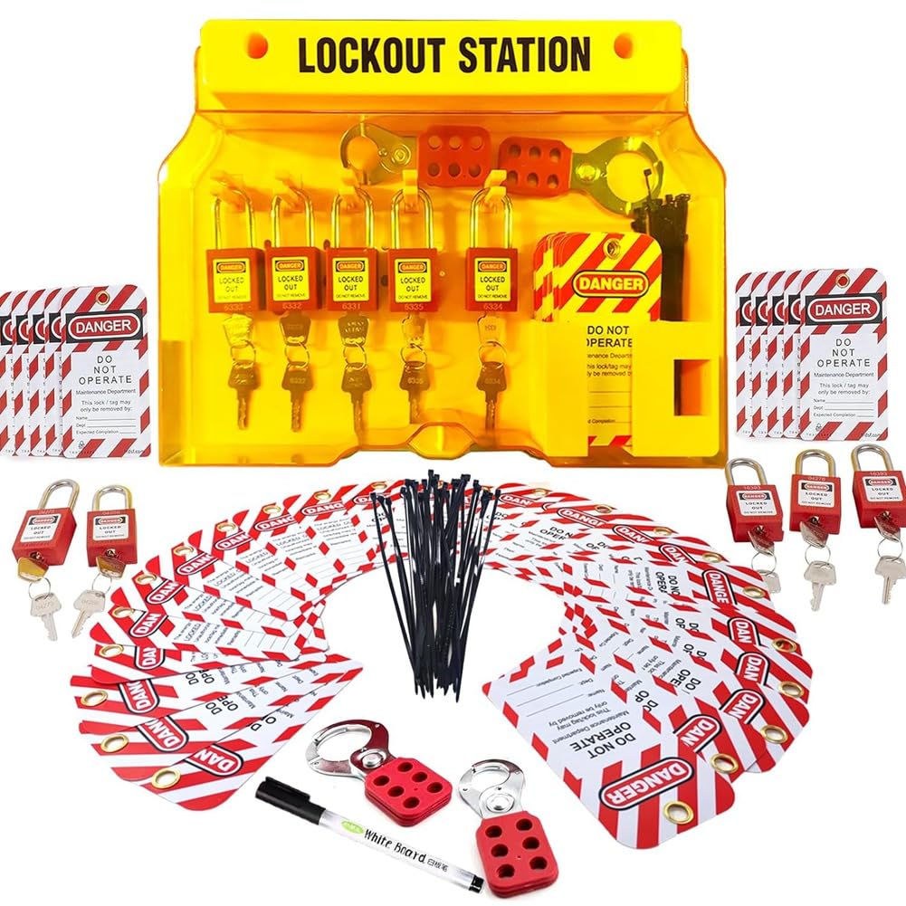 Ximie Yellow/Red Lockout Tagout Station For Safe Electrical Lockouts,2Hasps,25Loto Tags,Lock Out Tag Out Kit Board,Lockout Safety Supply