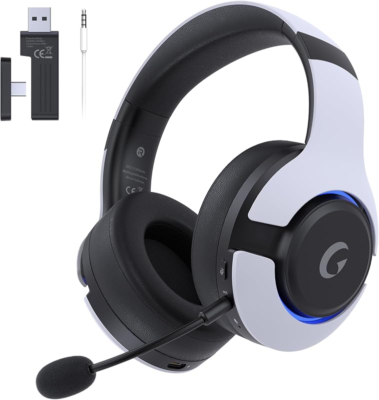 syndesmos auriculares inalámbricos PS5, Auriculares Gaming de 2,4 GHz para PS5, PC, Switch, Auriculares Bluetooth 5.3 con Micrófono con Cancelación de Ruido, Sonido Envolvente 7.1, Baja Latencia, Batería 45H, Blanco