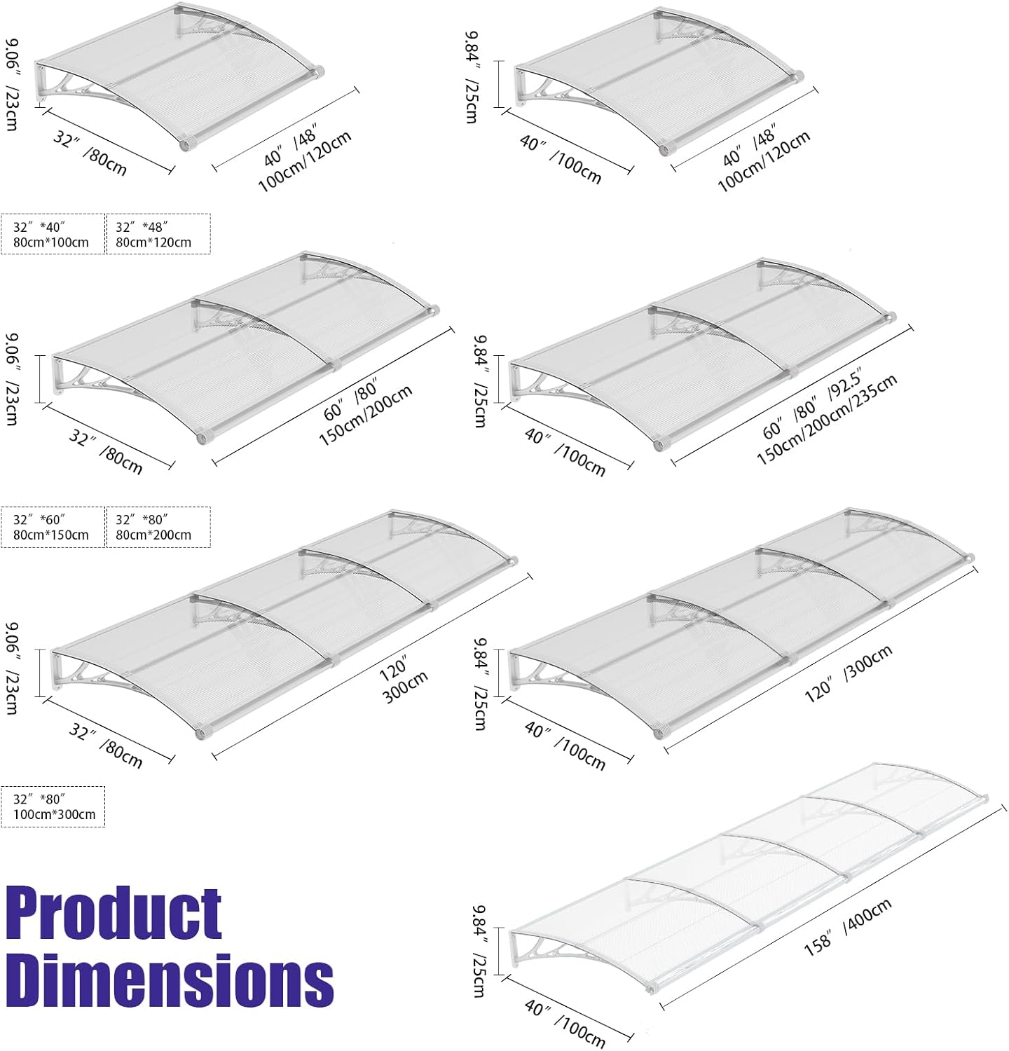 Awning for Door Entrance 32 x 40 Inch, Exterior Door Awning Canopy with Drainage & ABS Bracket, Polycarbonate Cover for Door Window Exterior, UV Rain Snow Protection for Patio Porch