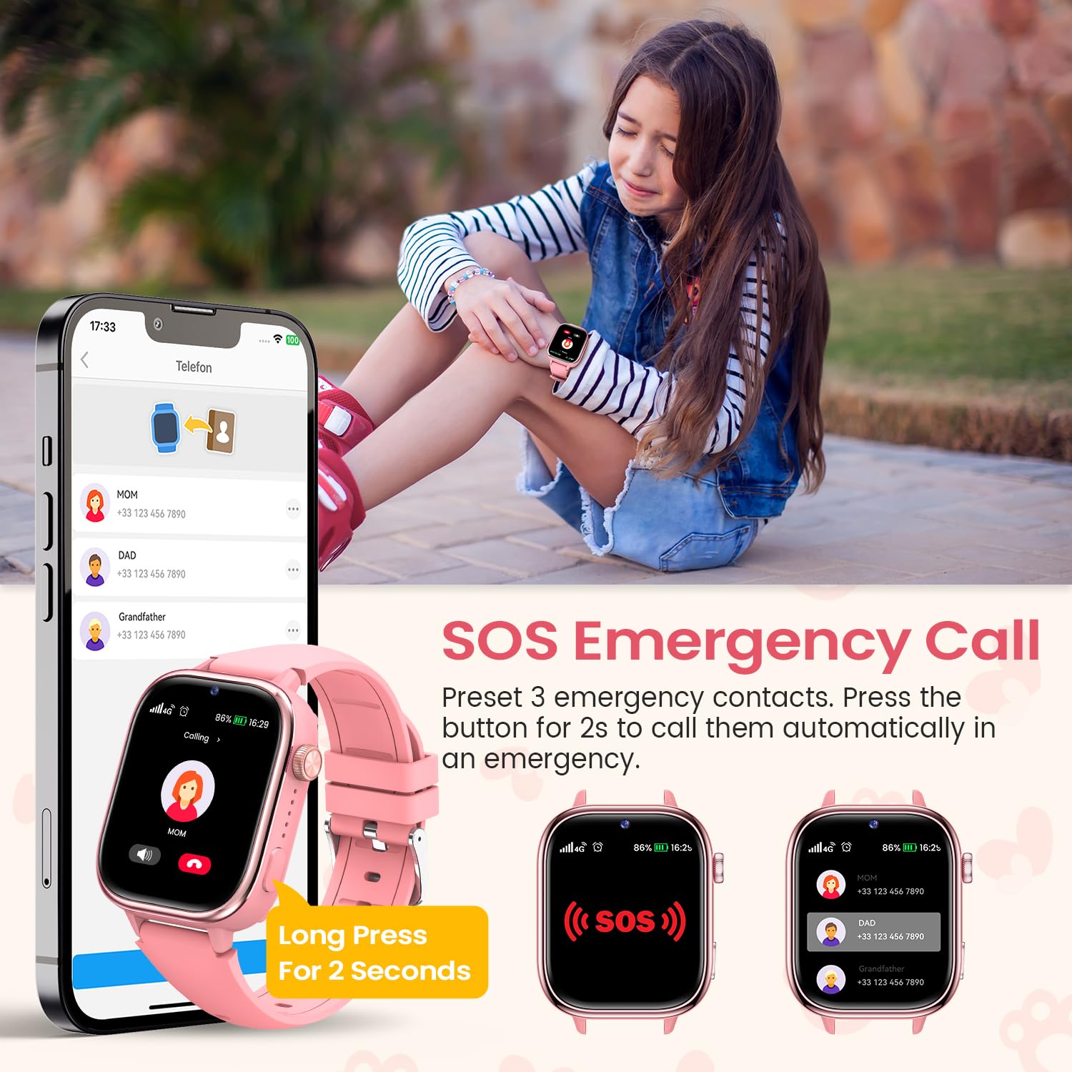 RUXINGX 4G Smartwatch Bambini, IP68 Impermeabile Smartwatch con GPS, SOS, Telefono, HD Videochiamata, Chat Vocale, modalità Lezione, Sveglia, Sonno, Orologio Bambini per Ragazze e Ragazzi, Rosa