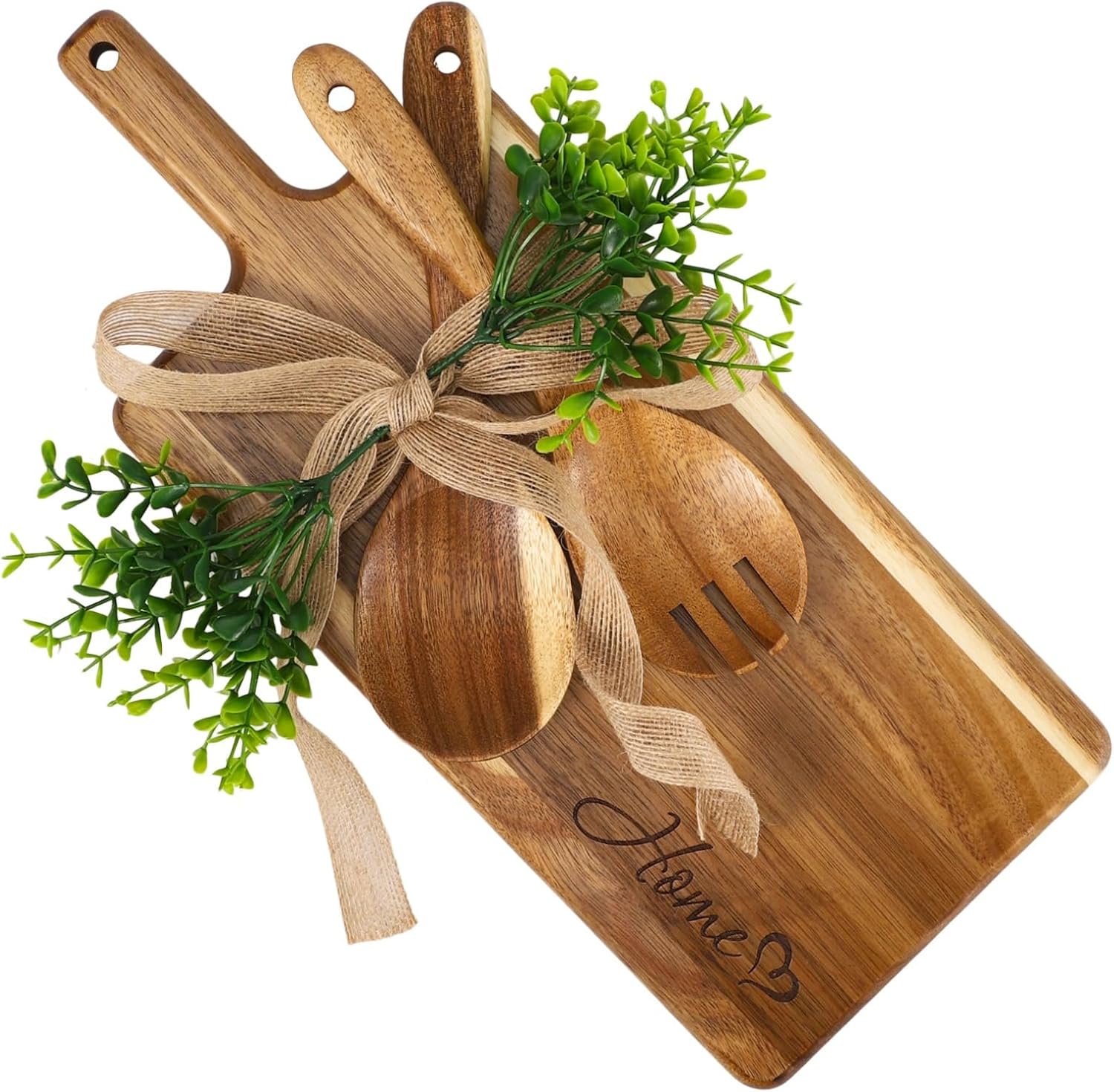 Cutting Board Set With Salad Spoon & Fork, Kitchen Chopping & Serving Platter, Solid Wood Ideal Gift For Housewarming & Wedding