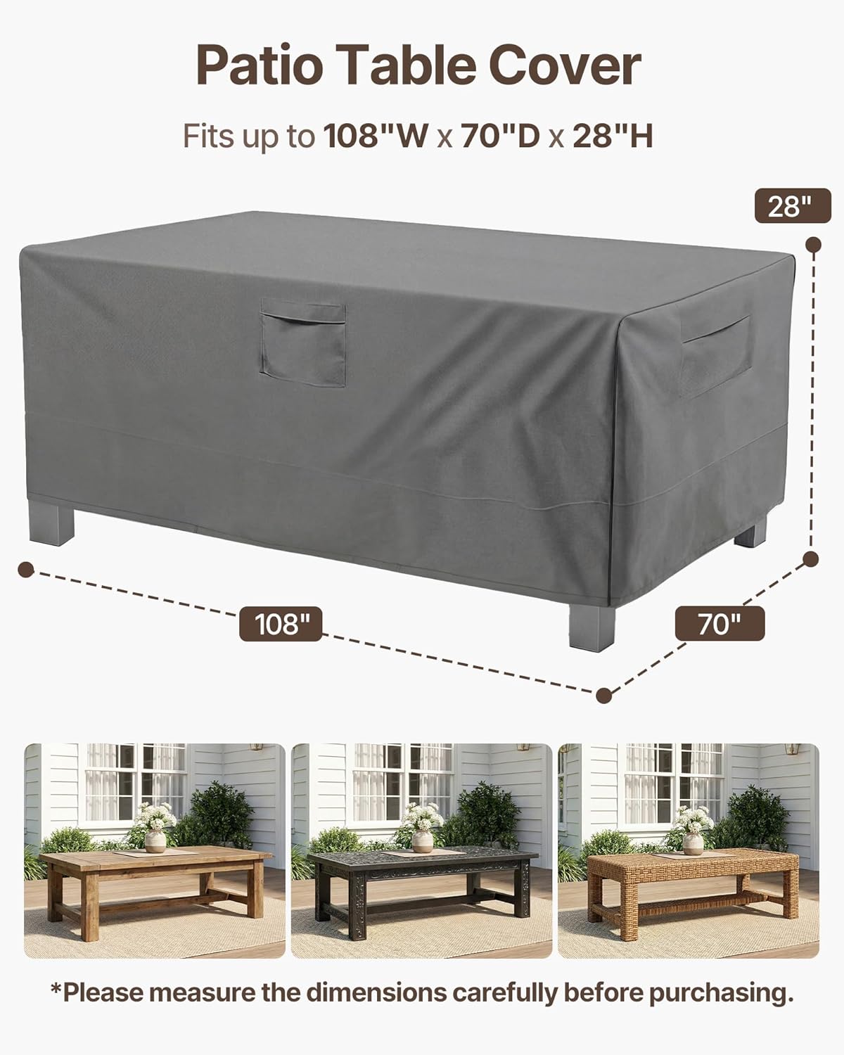 Vailge Rectangular/Oval Patio Table Cover, Heavy Duty and Waterproof Outdoor Lawn Patio Furniture Covers (Grey, Rectangle-108"Lx70"Wx28"H)