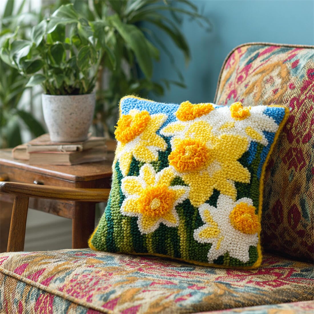 Kitquiver DIY Latch Hook Kit Cartoon Flowers Latch Hook Kit Pillow DIY Rug Crochet Hook Cushion Making Kits with Preprinted Pattern Canvas 17x17In