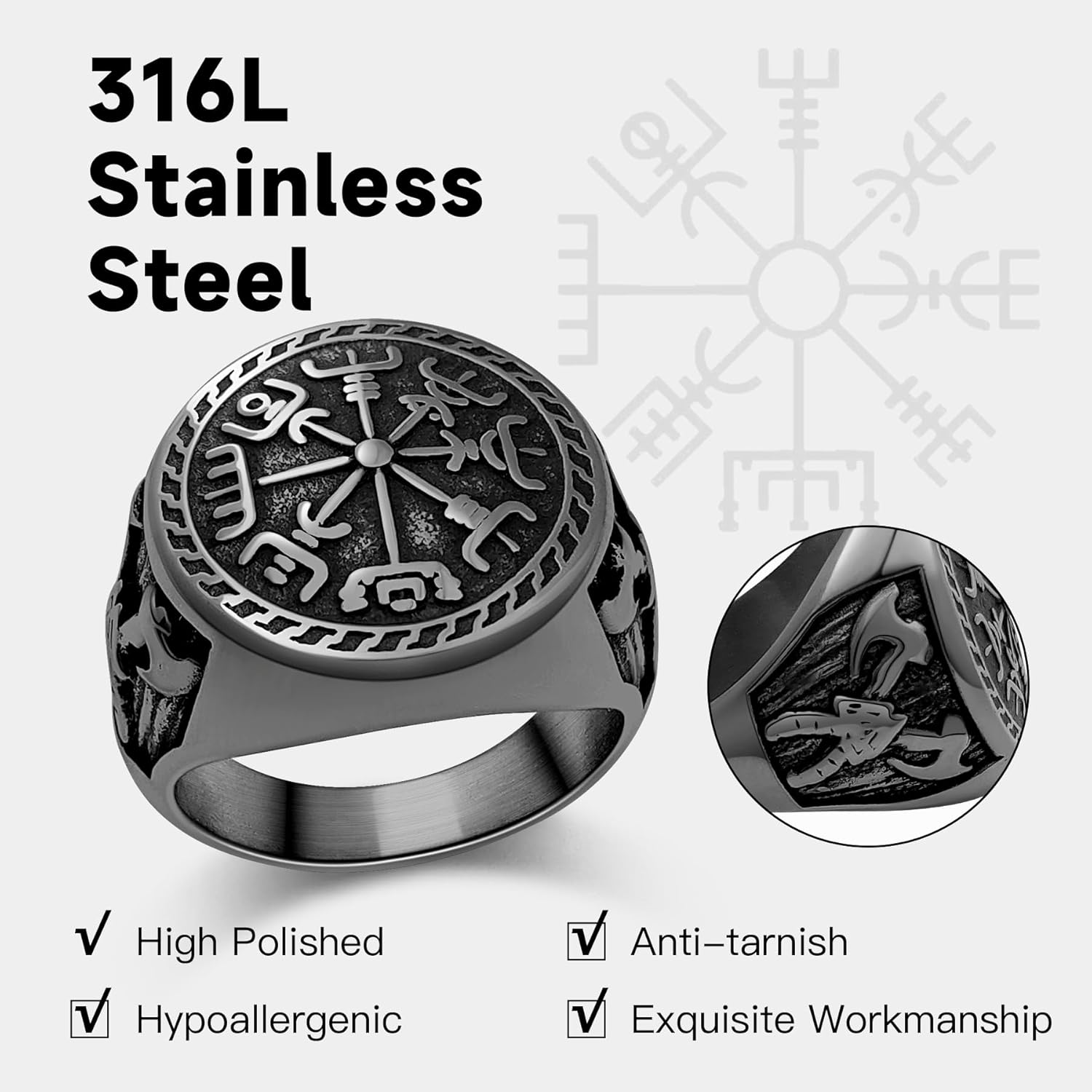 Nordic Battle Axe Ring Viking Vegvisir Pirate Compass Rings Stainless Steel/18K Gold Plated/Black Norse Symbol Vintage Jewelry for Men Women Send Gift Box