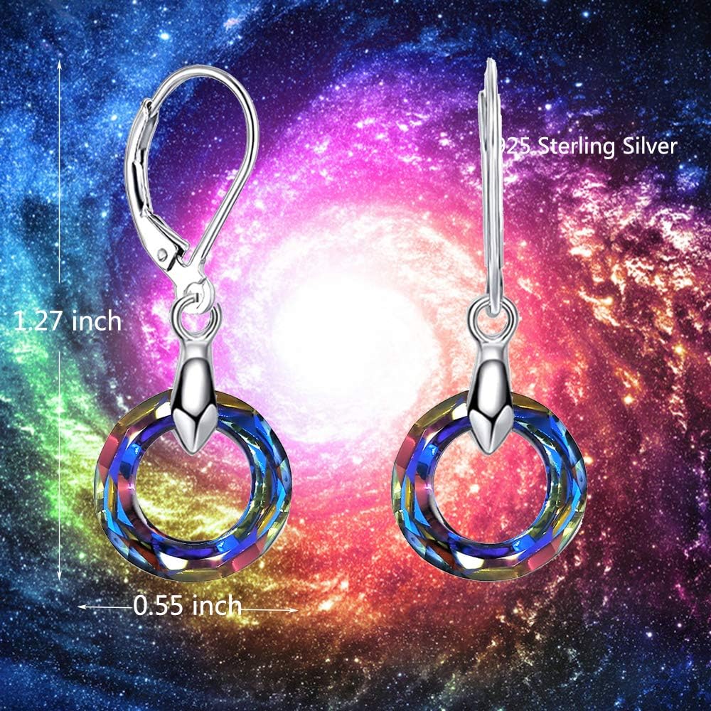 925 Sterling Silver Circle Earrings with Austria Crystal Leverback Dangle Earrings Hypoallergenic Jewelry for Women Mom