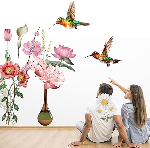 Miniatura 2 de HEAKIERG Adhesivo decorativo para pared, diseño de jarrones de loto, colibríes, decoración mural artística para decoración de pared para