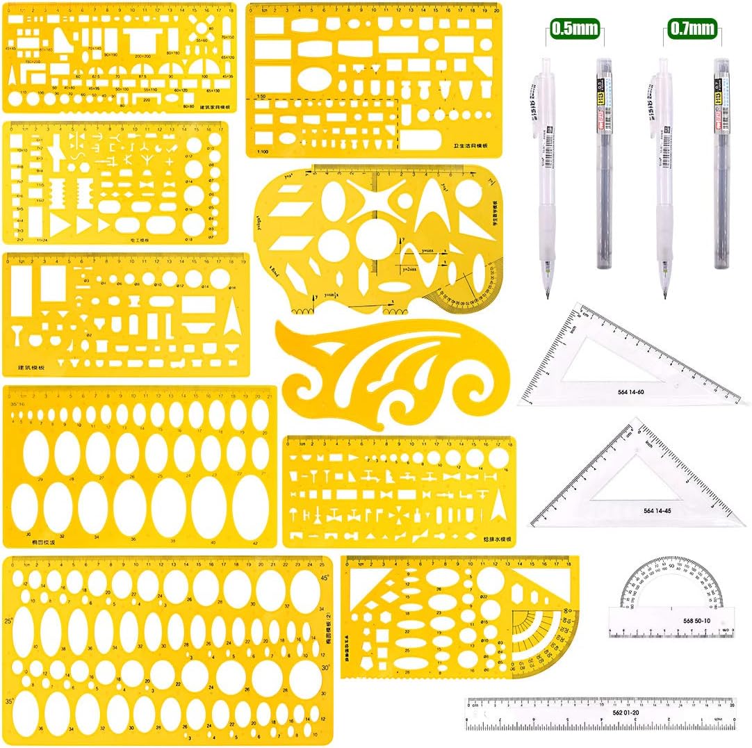 Keadic 15 Pieces Curve and Template Ruler Kit Protractor，Circle