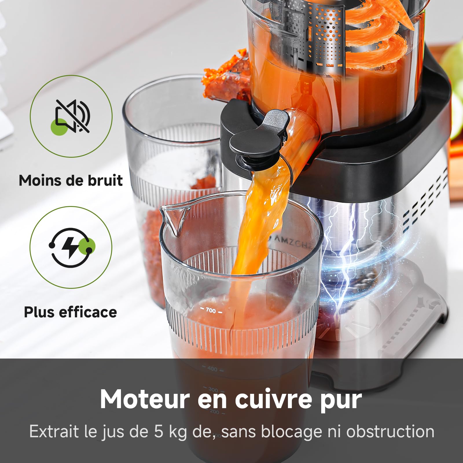 AMZCHEF Extracteur De Jus Avec Deux Tarières, Ouverture 135 Mm, Grande Capacité