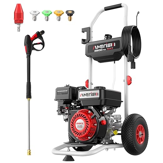 AMERISUN 3800 PSI Gas Pressure Washer 2.5 GPM with 212cc 4-Stroke OHV Engine, 5 Quick-Connect Nozzles & 10" Wheels, Heavy Duty Power Washer for Driveways, Cars, Patios, Decks & House Siding
