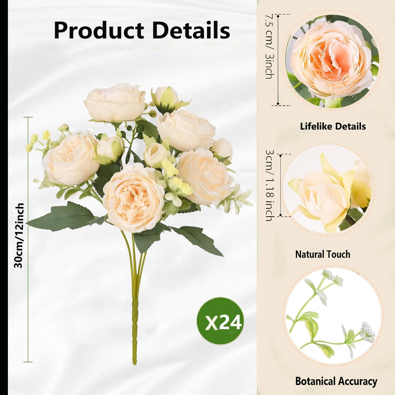 24 Bundles Peonies Artificial White Flowers Bouquet, Lifelike Silk Fake Peonies with Stems for Home Table Centerpieces, Wedding, Party & DIY Bridal Floral Arrangements (Champagne)