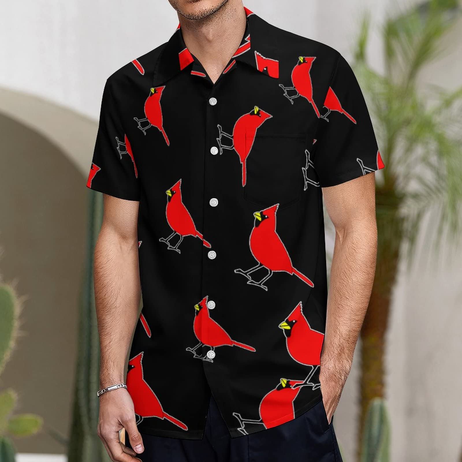 The Northern Cardinal Bird Men's Shirts Short Sleeve Button Down Blouse Casual Tee Top Beach Shirts with Pocket XL