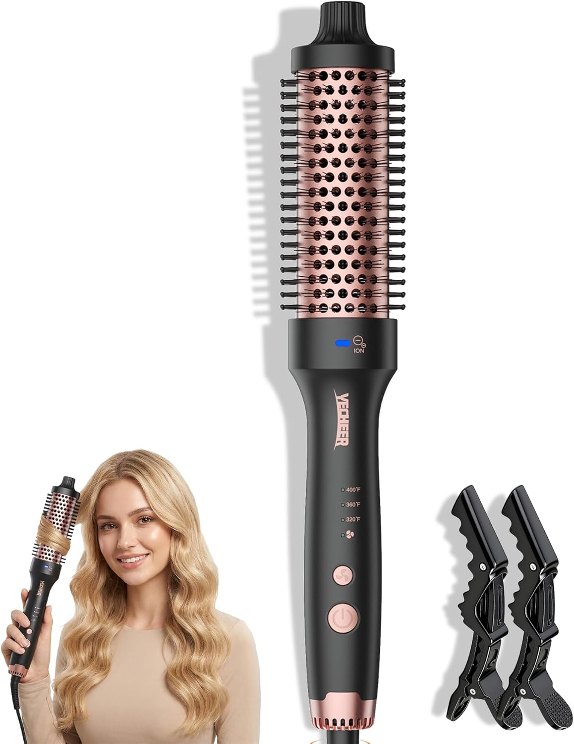 Heated Curling Brush for Hair Volume Boost, Thermal Round Brush for Blowout Look, Negative Ion Release to Smooth Frizz