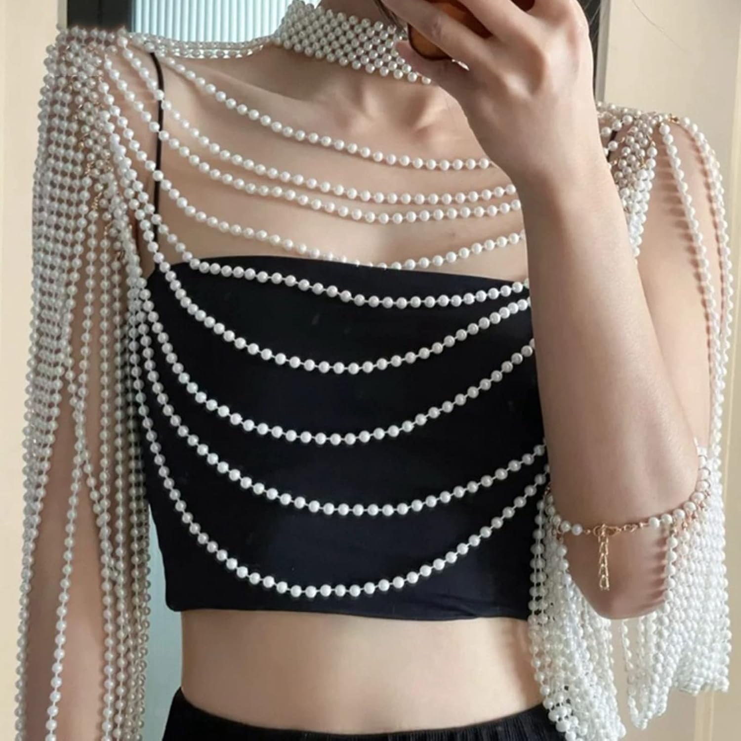Pearl Body Chain for Women Pearl Shoulder Jewelry Party Wedding Dress Accessory Sexy Beaded Collar Bra Top Sweater Chain