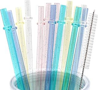 Cinvo 25 Pcs Reusable Straws 9 Inch with Cleaning Brush Glitter Sparkle Long Straws Unbreakable Drinking Straws Hard Plastic Safe Straws for Yeti RTIC Mason Jar Tumbler Tervis Starbucks Colorful Straw