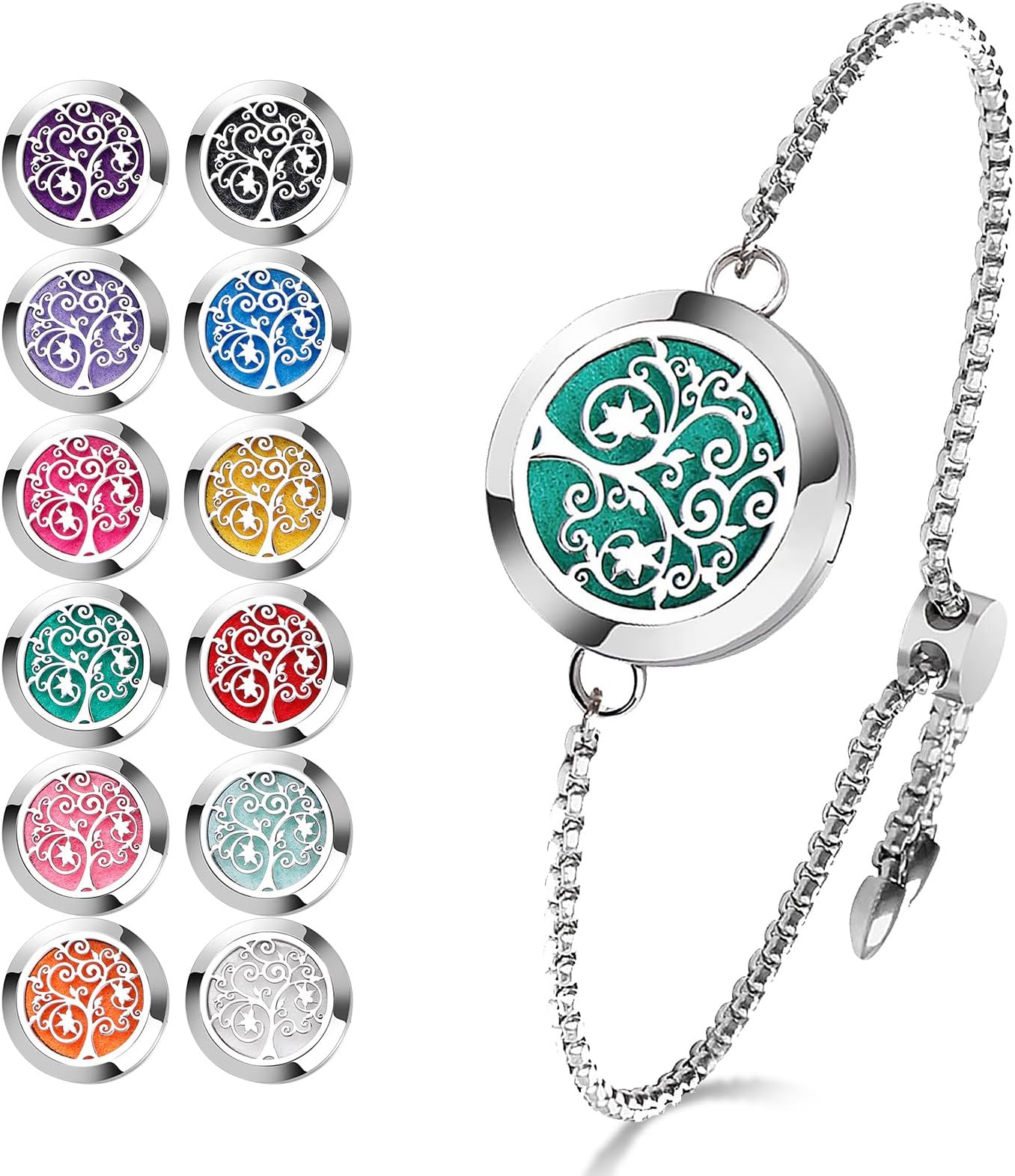 Essential Oil Diffuser Bracelet Stainless Steel Aromatherapy Locket Adjustable Diffuser Bracelet with 24pcs Refill Pads in 12 Assorted Colors Gift Set for Women(Tree of Hope)