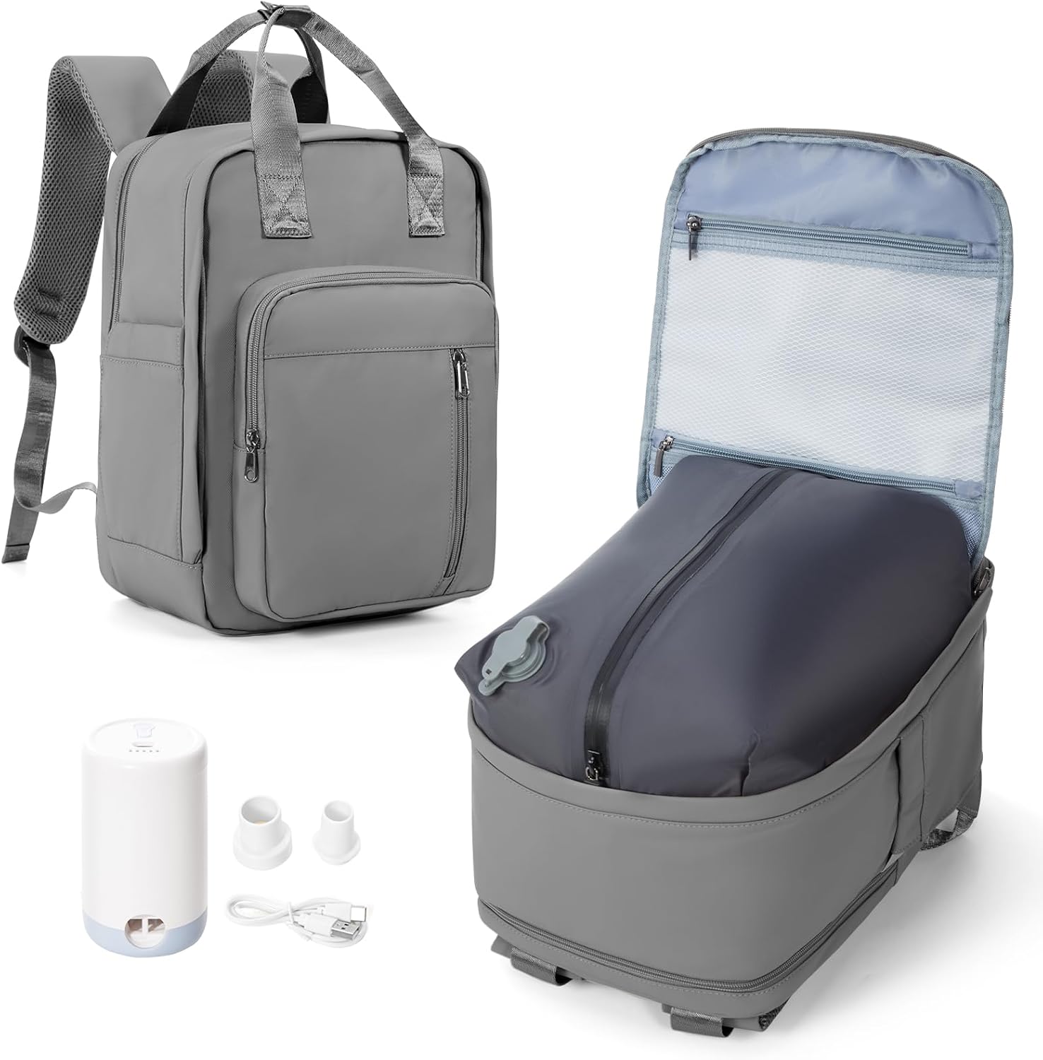 Vacuum Travel Backpack with Pump,Personal Item Carry on Backpacks Flight Approved 18x14x8 inches Women,Laptop Waterproof Work Compression bags hiking Casual Daypack Grey